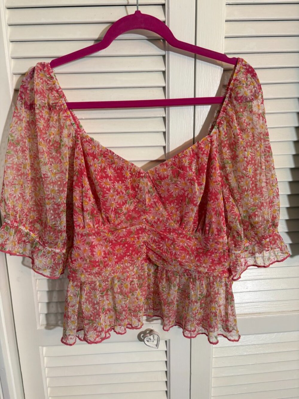A.U.W. 1X Pink Floral Mesh Peplum Top Sweetheart Coquette Cottagecore